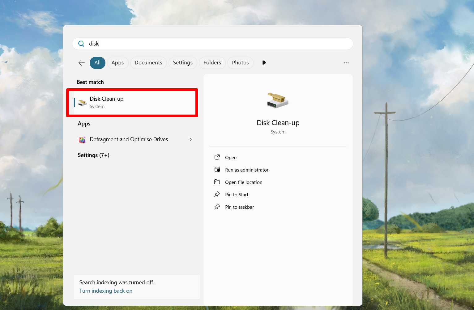 Searching for the disk cleanup tool on Windows.
