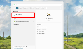 Searching for the disk cleanup tool on Windows.