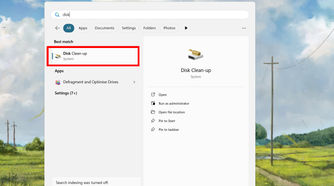 Searching for the disk cleanup tool on Windows.