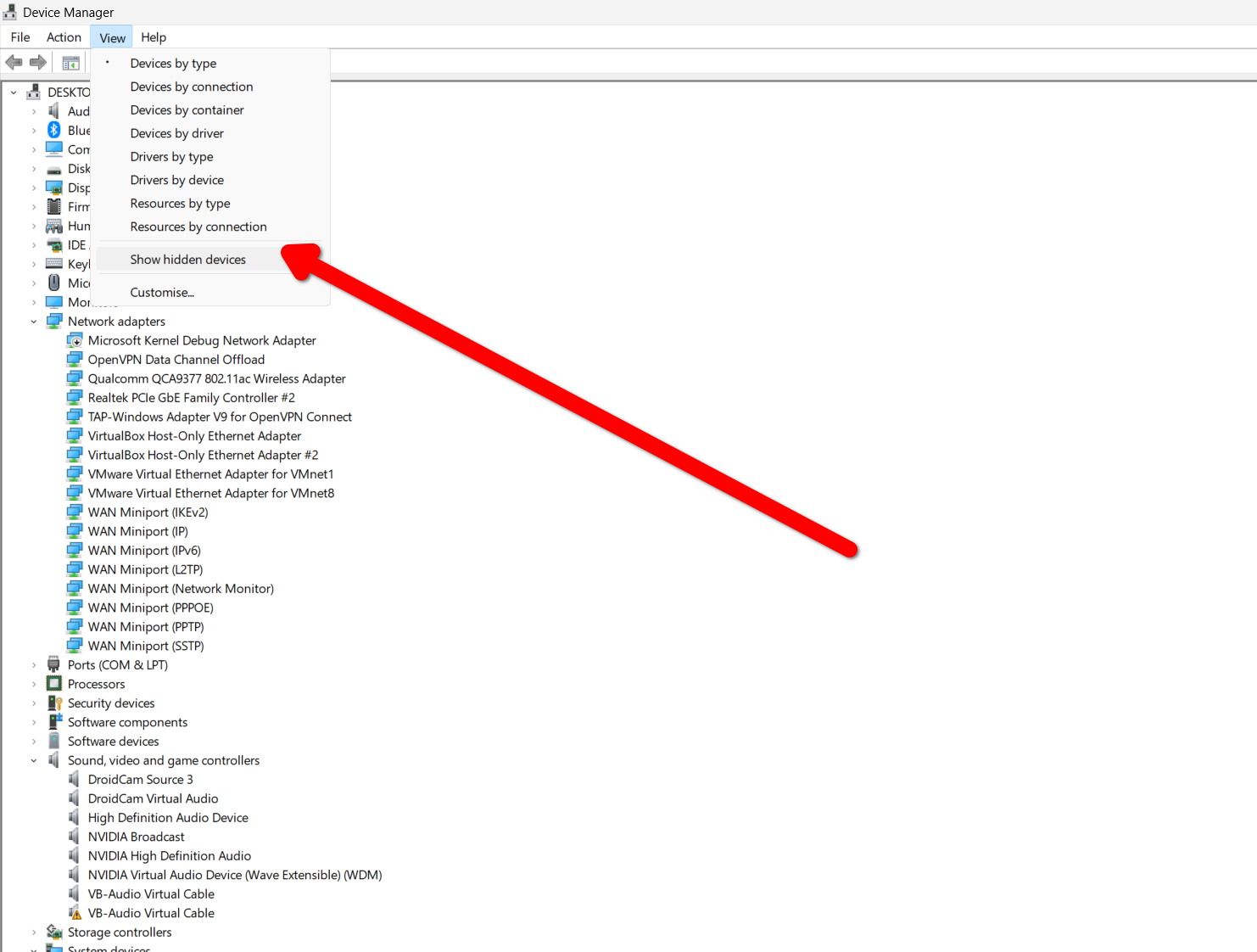 Unhiding devices with the Device Manager.