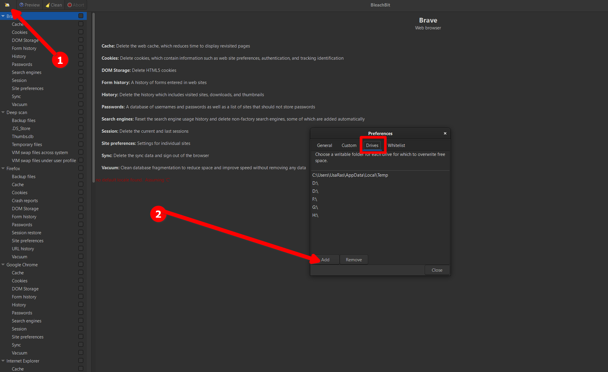 Adding new drives to BleachBit.