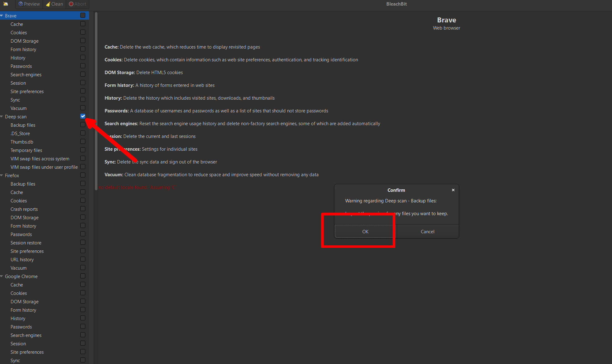 Deep scanning folders with BleachBit.