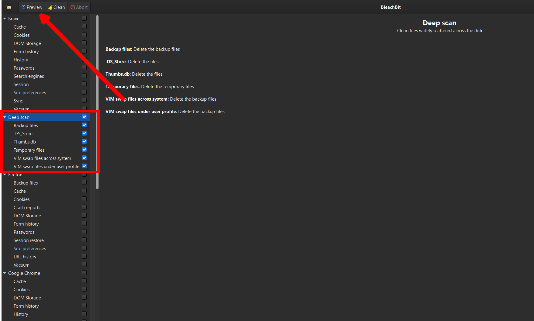BleachBit scanner running.