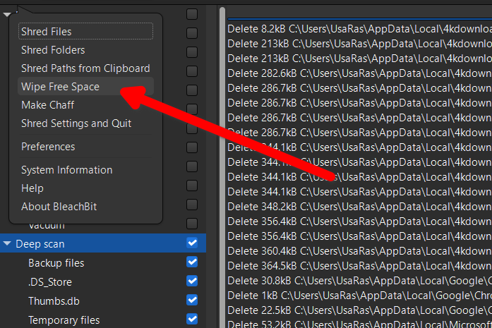 Shredding empty storage with BleachBit.