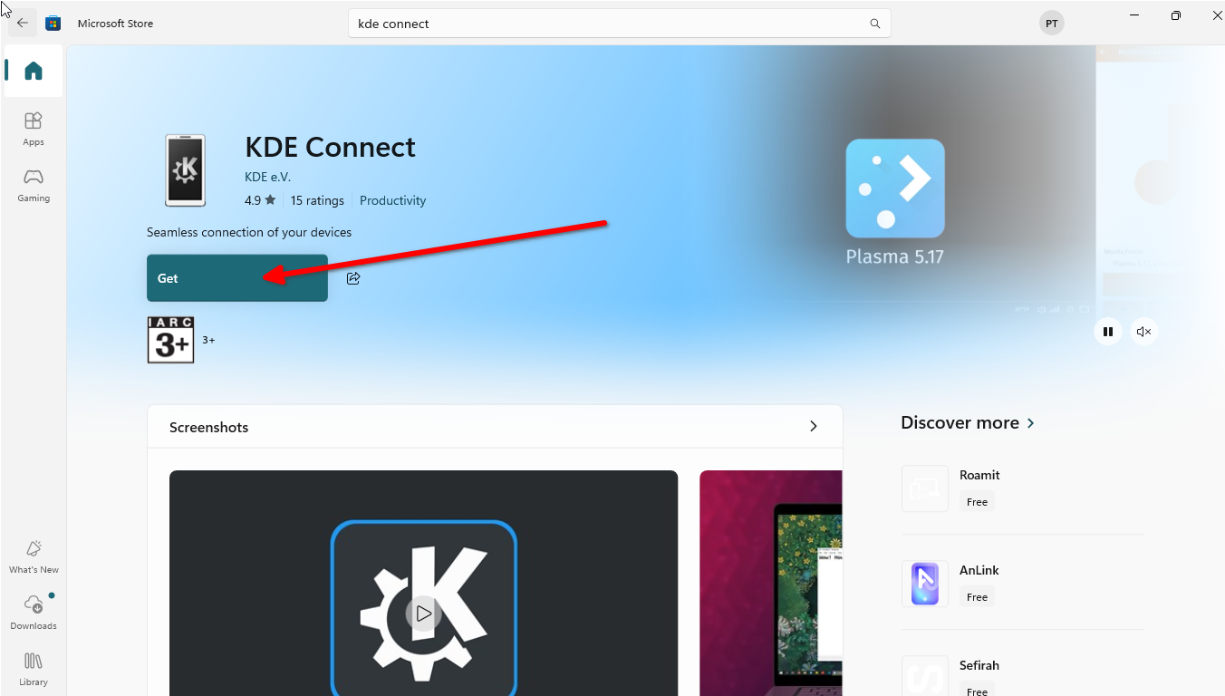 Installing KDE Connect using the Microsoft Store.
