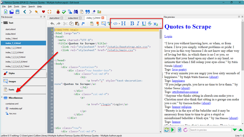 Formatting options available in Calibre.