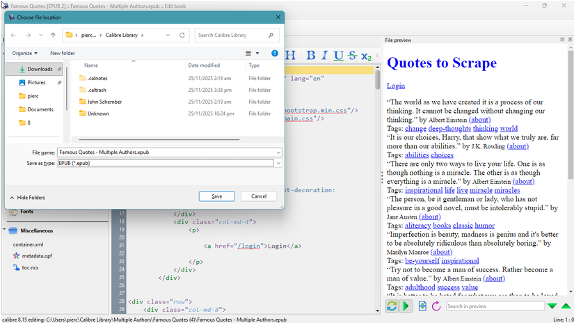 Saving the new ebook using Calibre.