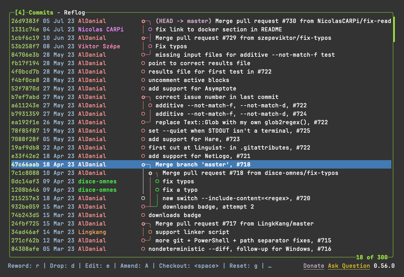 Uma longa lista de commits com seu ID, data e autor, seguida por um gráfico de commit e uma mensagem.