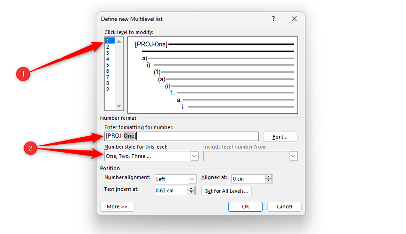 Level 1 is selected in Word's Define New Multilevel List window, and the formatting and number style are amended to show [PROJ-One].