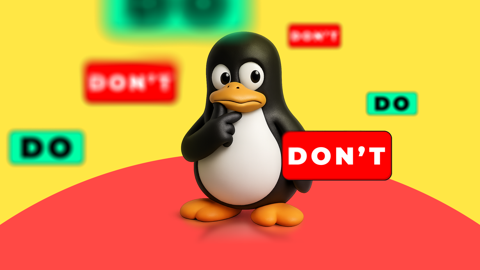 Талисман Linux, Tux, задумчиво смотрит, вокруг таблички 'Do' и 'Don't'.