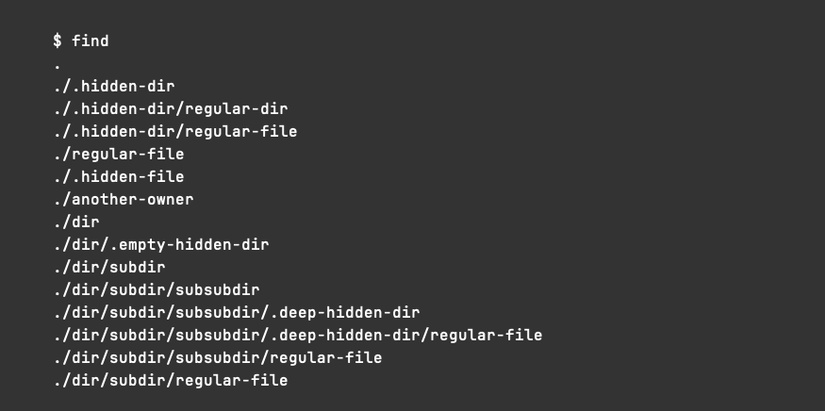 Um comando find sem outros argumentos mostra todos os arquivos e diretórios abaixo do diretório de trabalho atual.