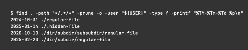Um comando find mostrando quatro resultados, cada um incluindo uma data e um caminho.