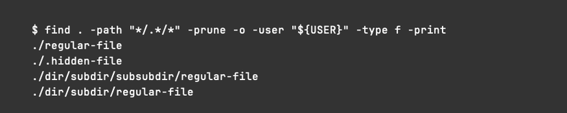 Um comando find identifica corretamente os arquivos de propriedade do usuário, ignorando arquivos em diretórios ocultos.