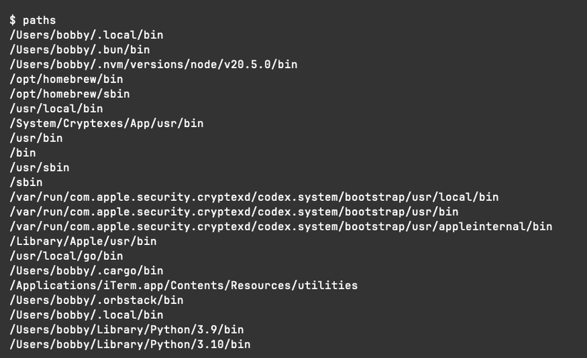 The paths command showing the contents of a PATH variable with one path per line.