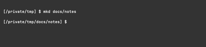 A Linux terminal showing the mkd command creating a new directory and entering into it.