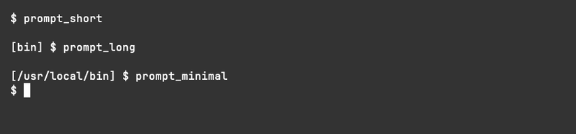 Three different types of shell prompts, switched via functions.