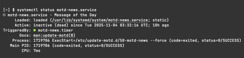 Information about the "Message of the Day" service, including current status, information about documentation, and the linked command.