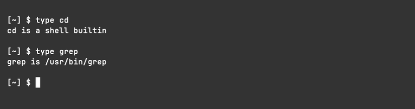 type показывает, что cd — built-in, а grep — исполняемый файл по адресу /usr/bin/grep.