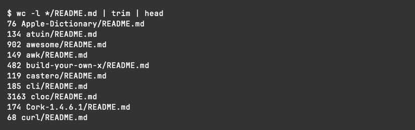 A wc command showing output with leading space removed after piping to trim.