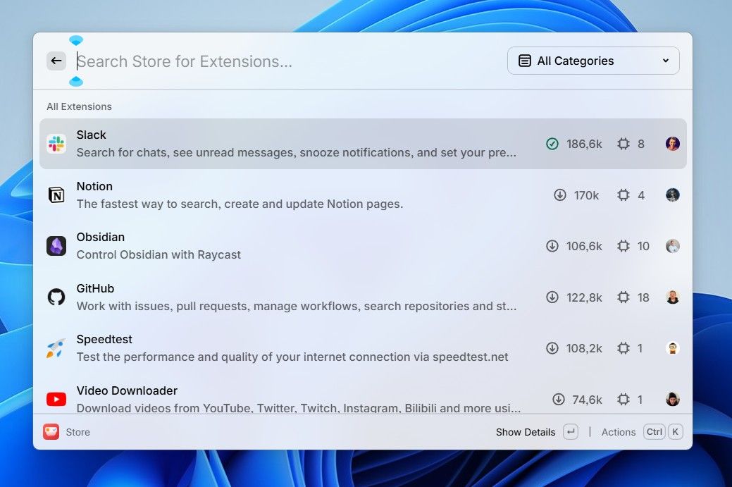 List of different apps available for Raycast.