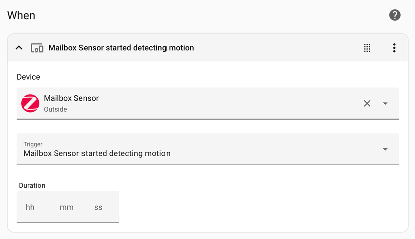 Mailbox sensor motion trigger in Home Assistant.