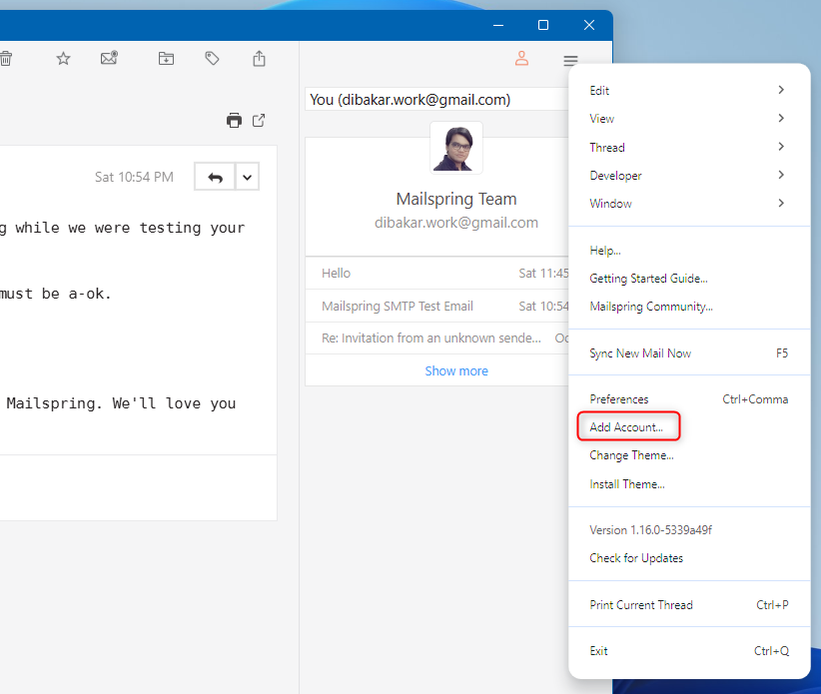 Mailspring adding a new account.