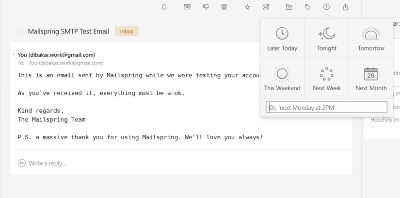 Mailspring email snooze feature.