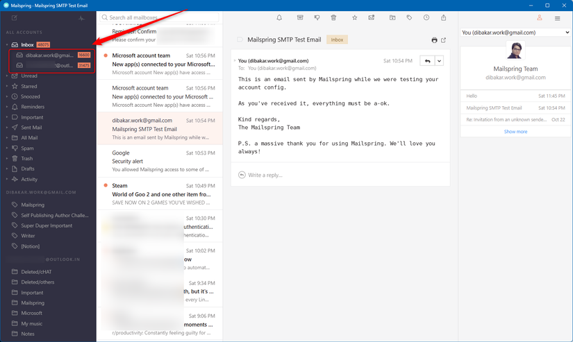 Mailspring unified inbox with two email accounts.