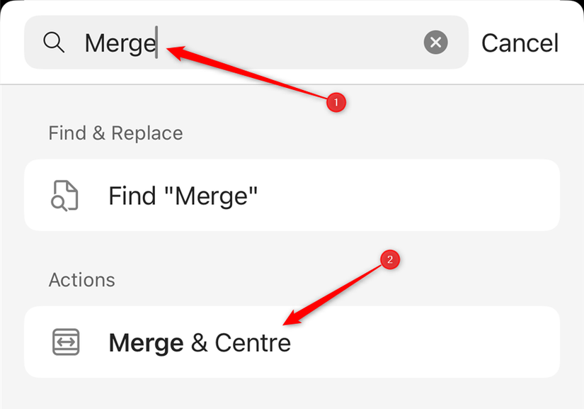 'Mesclar' é digitado no campo Diga-me no aplicativo iOS Excel e Mesclar e centralizar aparece como uma ação selecionável.