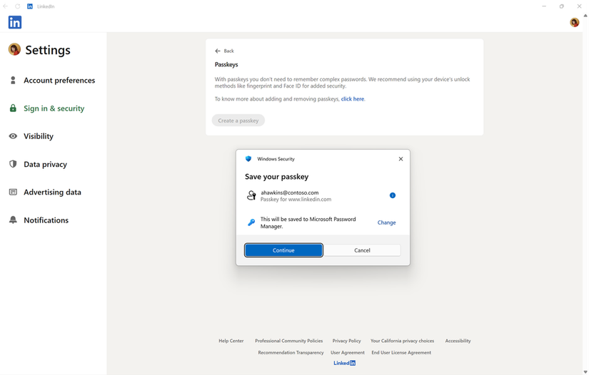 Microsoft asking a user if they would like to save their Passkey on LinkedIn
