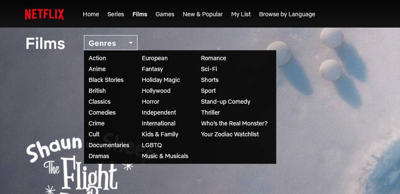 Netflix genre dropdown.