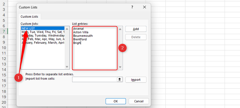 New List in Excel's Custom Lists dialog box is selected, and English Premier League teams are added to the List Entries field.