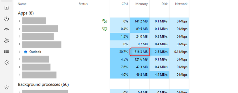 New Outlook's memory usage is indicated in the Windows 11 Task Manager.