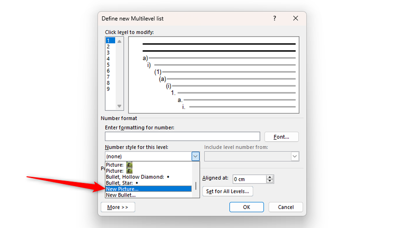 New Picture is selected in the Define New Multilevel List dialog box in Microsoft Word.