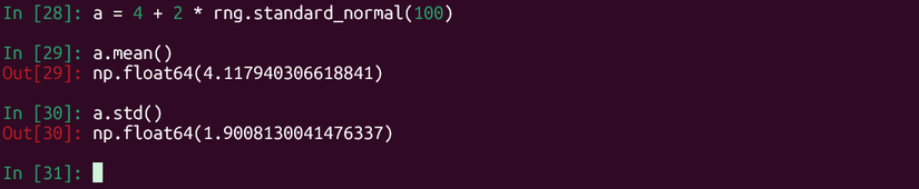 Массив случайных нормальных чисел из NumPy с расчетом среднего и стандартного отклонения в IPython.