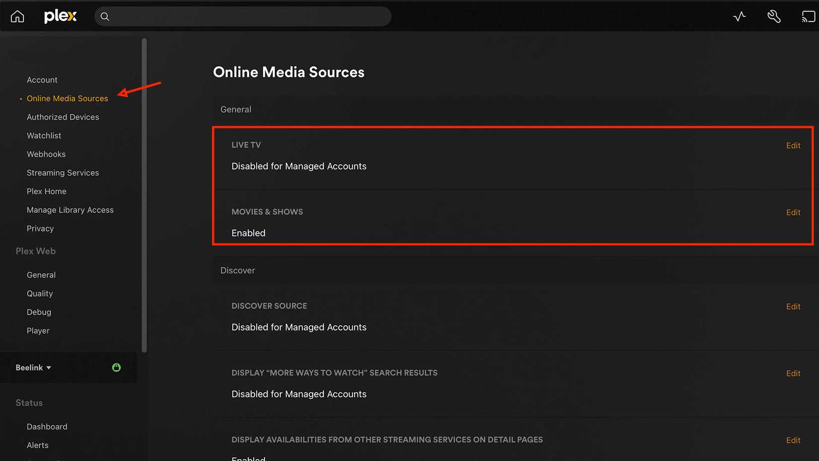 Online media sources highlighted in the Plex web app settings.
