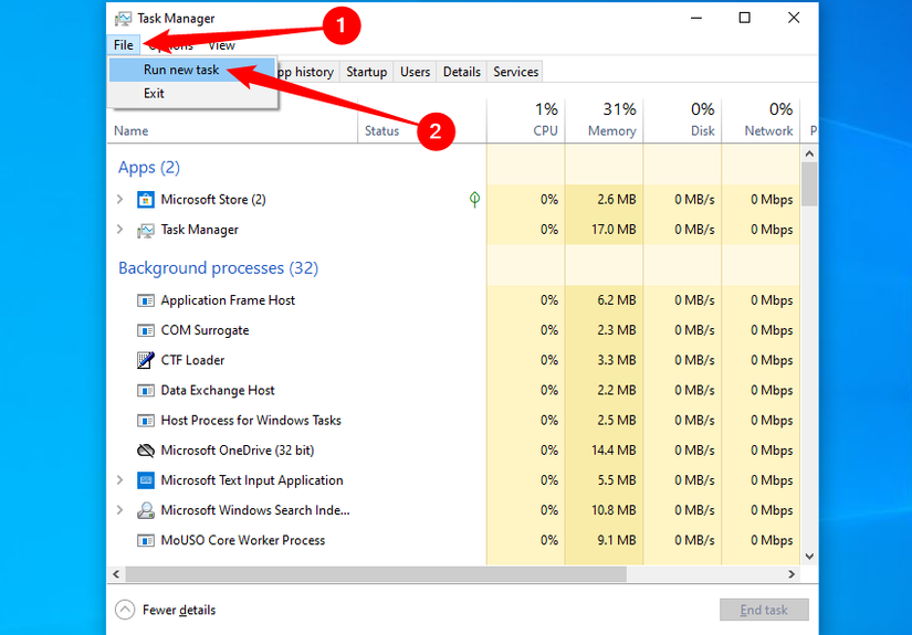 Abra o Gerenciador de Tarefas, clique em Arquivo e selecione Executar nova tarefa.
