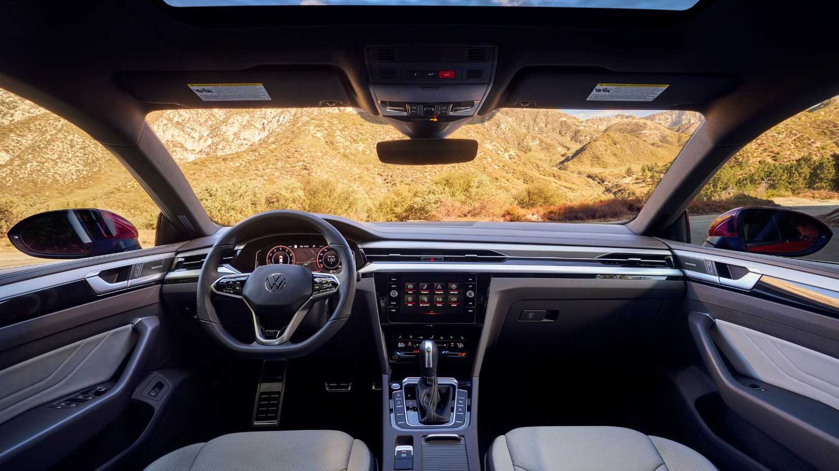 Shot inside the cabin of a 2021 Volkswagen Arteon showing the interior and dashboard.