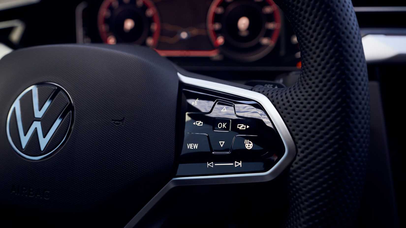 Close-up shot of the steering wheel in a 2021 Volkswagen Arteon.