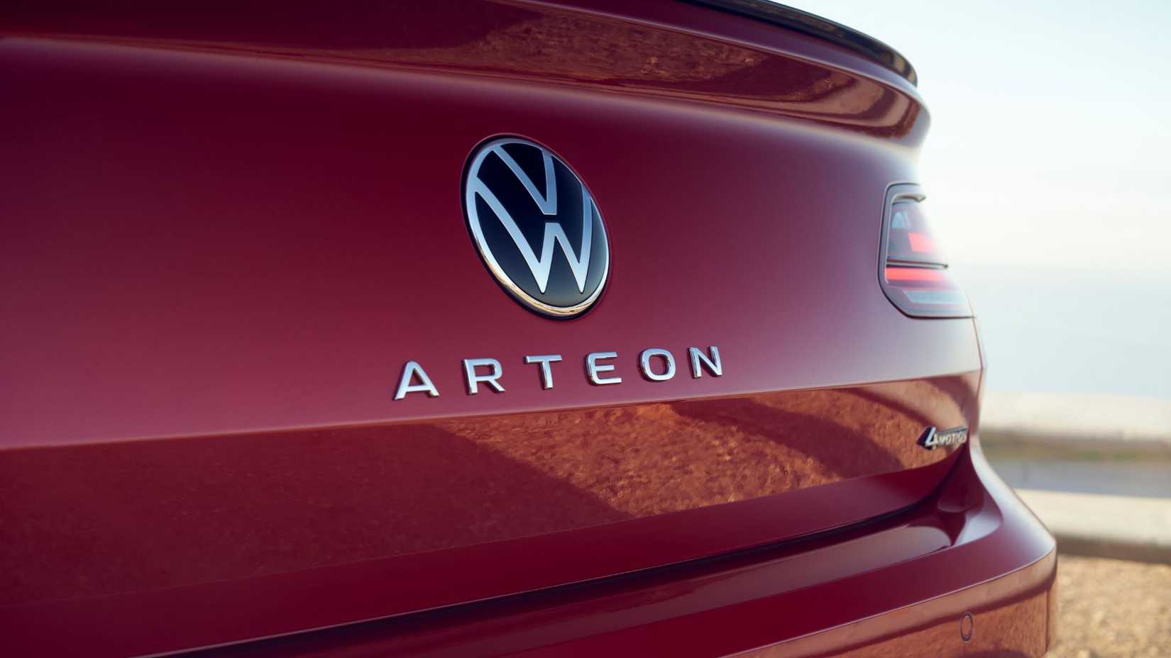 Close-up shot of the badging on the trunk of a red 2021 Volkswagen Arteon.