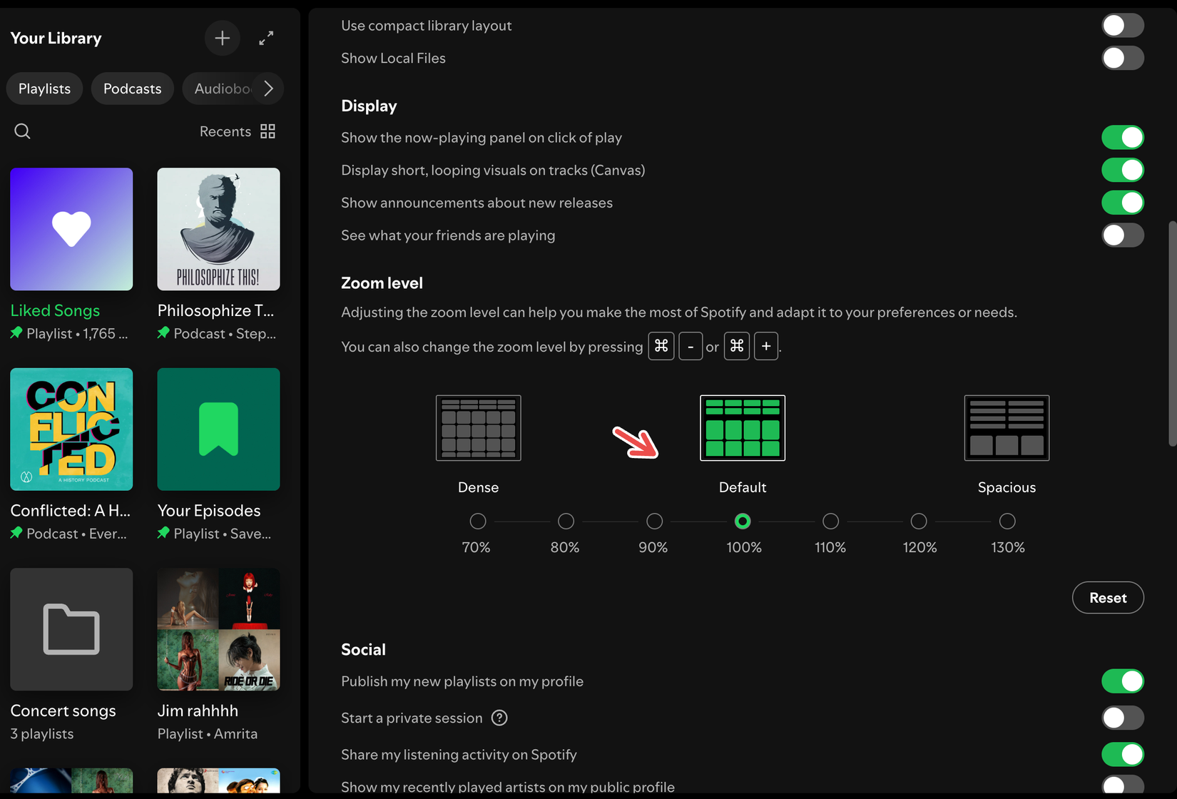 Adjusting the zoom level for the Spotify desktop app.