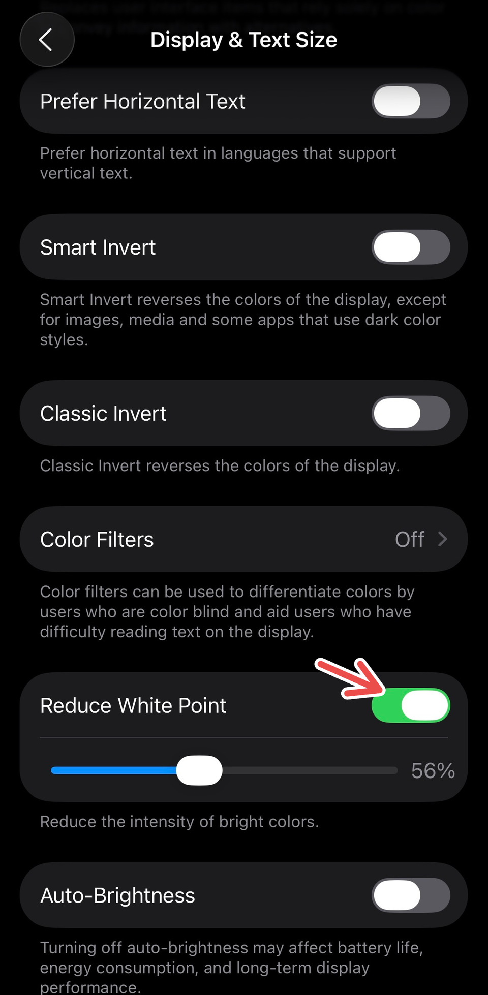 Enabling Reduce White Point on iPhone.