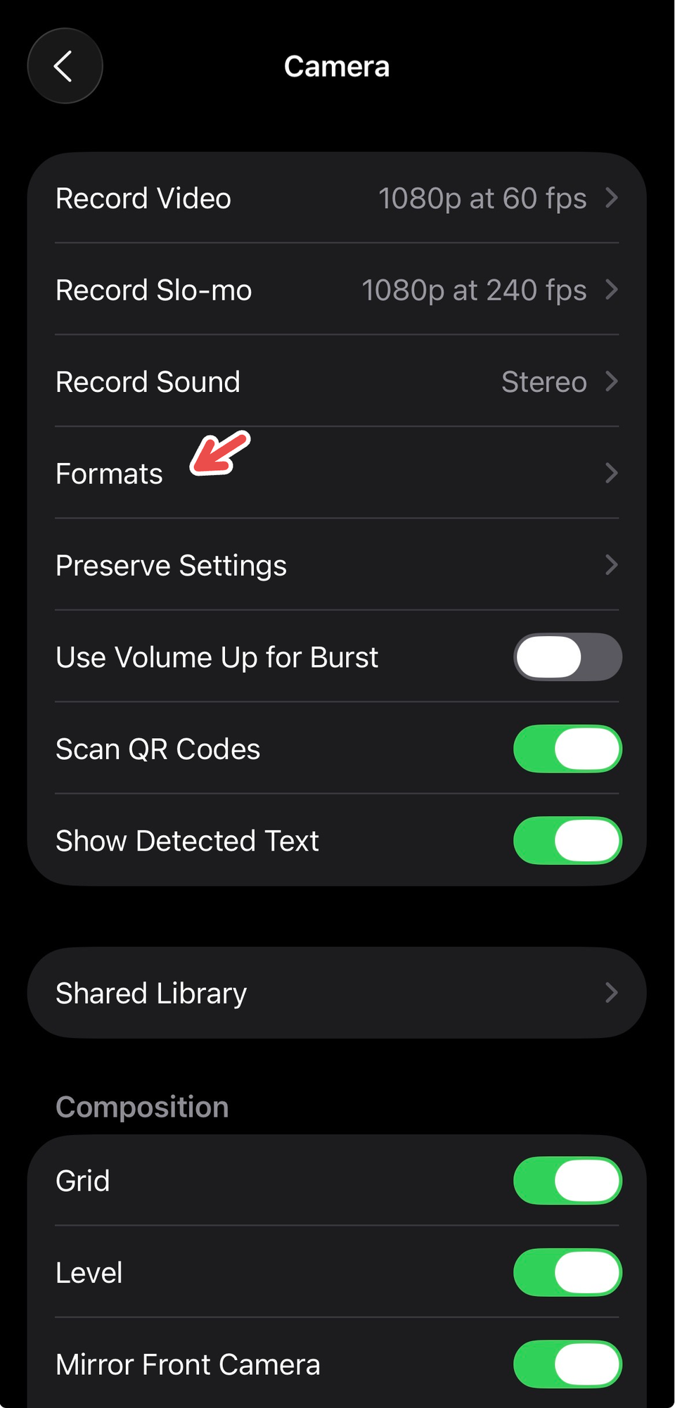 Formats for camera on iPhone's Settings.