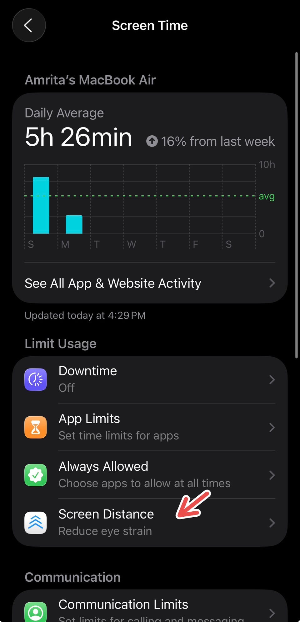 Enabling Screen Distance in the Screen Time settings on iPhone.