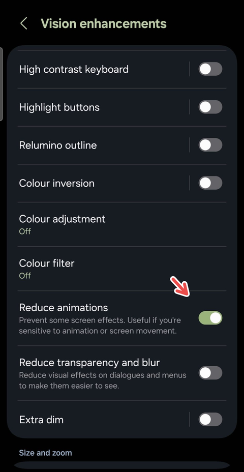 A screenshot on an Android device showing a red arrow pointing to the Reduce Animations setting.