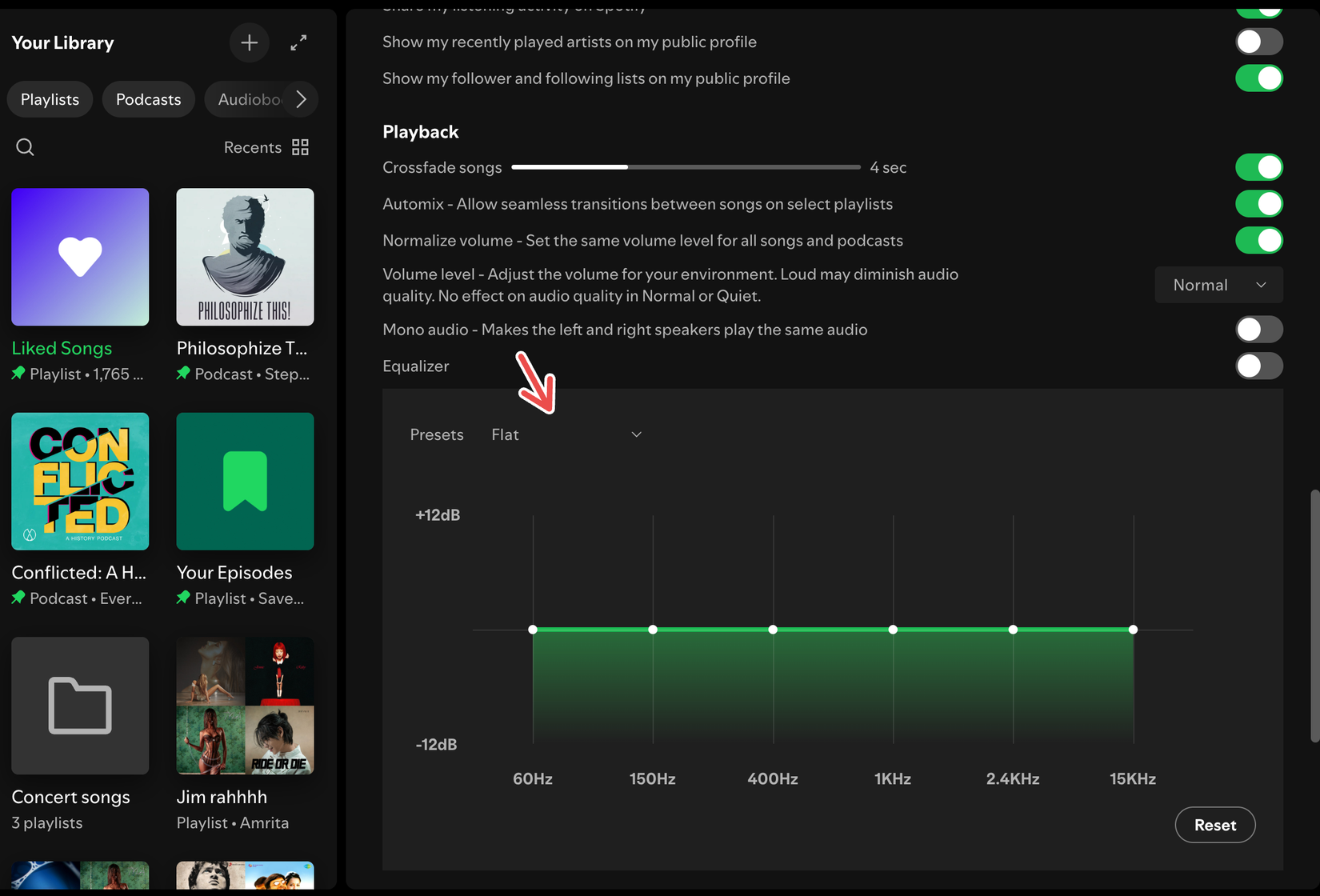Adjusting equalizer settings on the Spotify desktop app.
