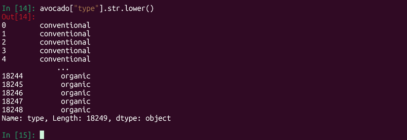 pandas string method lowercase on avocadoes type column.