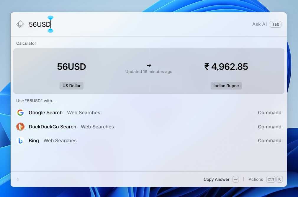 Performing currency cinversion in Raycast.