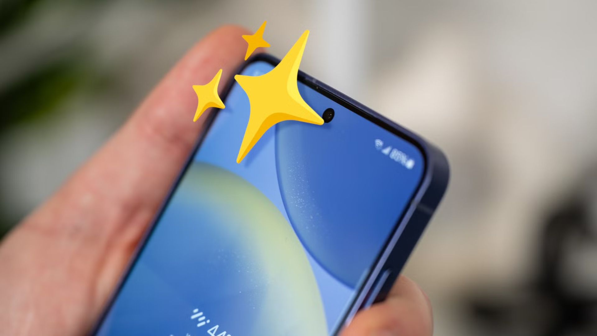 a phone screen that's clean with sparkly stars above it. 