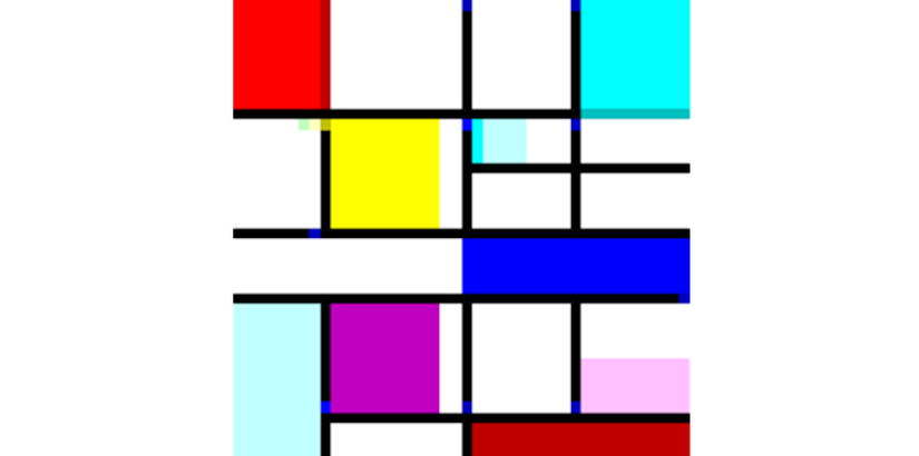An image very much in the style of Piet Mondrian, with blocks of primary color between thick black gridlines.